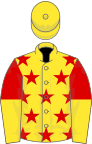 Yellow, red stars, red and yellow halved sleeves, yellow cap