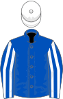 Royal blue, white striped sleeves, white cap