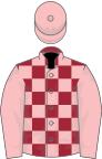 Maroon and pink check, pink sleeves and cap