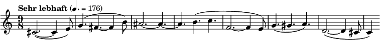 \relative c' { \clef treble \time 9/8 \tempo "Sehr lebhaft" 4. = 176 cis2.~( cis4 e8) g4.( fis~ fis4 b8) ais2.~ ais4.~ ais b( c f,2.~( f4 e8) g4.( gis a) d,2.~( d4 cis8 c4) }