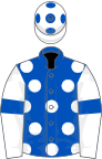 Royal blue, white spots, white sleeves, royal blue armlet, white cap, royal blue spots