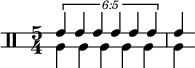  << \relative c' { \override Staff.StaffSymbol.line-positions = #'(-2 2) \clef percussion \time 5/4 \override TupletNumber.text = #tuplet-number::calc-fraction-text \tuplet 6/5 { e4 e e e e e } e4 } \\ \relative c' { a4 a a a a a } >> 