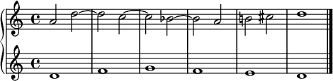 \relative c' { \new PianoStaff << \new Staff { \set Staff.explicitKeySignatureVisibility = #all-invisible a'2 d~ d c~ c bes~ \key d \minor bes a b cis d1 \bar "|." } \new Staff { d, f g f e d \bar "|." } >> }