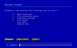 Text-based version of Microsoft ScanDisk running on Windows 98