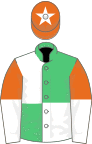 Emerald green and white (quartered), orange and white halved sleeves, orange cap, white star
