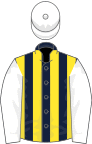 Dark Blue and Yellow stripes, White sleeves and cap