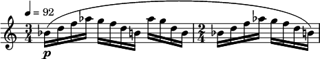  \relative c'' { \set Staff.midiInstrument = #"oboe" \clef treble \time 3/4 \tempo 4 = 92 bes16\p( d f aes g f d b aes' g d b | \time 2/4 bes d f aes g f d b) } 