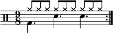  \new Staff << \new voice \relative c' { \clef percussion \numericTimeSignature \time 9/8 \set Score.tempoHideNote = ##t \tempo 4. = 80 \stemDown \repeat volta 2 { g4. d' d } } \new voice \relative c'' { \override NoteHead.style = #'cross \stemUp \repeat volta 2 { a8 a a a a a a a a } } >>
