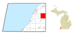 Location within Berrien County (red) and an administered portion of the Eau Claire village (pink)
