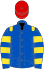 Royal Blue, Yellow epaulets, hooped sleeves, Red cap