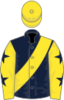 Dark blue, yellow sash, yellow sleeves, dark blue stars, yellow cap