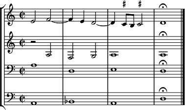 { #(set-global-staff-size 18) << \new StaffGroup << \new Staff << \clef treble \time 2/2 \relative c' { \clef treble \time 2/2 e2 f2~ f4 e d2~ d4 \once \set suggestAccidentals = ##t cis8 b \once \set suggestAccidentals = ##t cis!2 d1\fermata } >> \new Staff << \clef treble \time 2/2 \new Voice \relative c' { r2 a f g a1 a1\fermata } >> \new Staff << \clef bass \time 2/2 \new Voice \relative c' { a1 d, e d\fermata } >> \new Staff << \clef bass \time 2/2 \new Voice \relative c { a1 bes a d\fermata \bar "|." } >> >> >> }