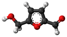 Ball-and-stick model of the hydroxymethylfurfural molecule