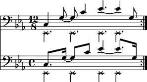  { \relative c, << \new Staff << \new voice { \clef bass \time 12/8 \key c \minor \set Score.tempoHideNote = ##t \tempo 4 = 100 \stemDown \override NoteHead.style = #'cross \repeat volta 2 { es4. es es es } } \new voice { \set Score.tempoHideNote = ##t \tempo 4 = 100 \time 12/8 \stemUp \repeat volta 2 { c'4 g'8~ g c4 es4.~ es4 g,8 } \bar ":|." } >> \new Staff << \new voice { \clef bass \time 12/8 \key c \minor \set Staff.timeSignatureFraction = 4/4 \scaleDurations 3/2 { \set Score.tempoHideNote = ##t \tempo 8 = 100 \stemDown \override NoteHead.style = #'cross \repeat volta 2 { es,4 es es es } } } \new voice \relative c' { \time 12/8 \set Staff.timeSignatureFraction = 4/4 \scaleDurations 3/2 { \set Score.tempoHideNote = ##t \tempo 4 = 100 \stemUp \repeat volta 2 { c,8. g'16~ g8 c es4~ es8. g,16 } \bar ":|." } } >> >> } 