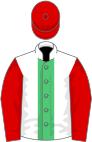 White, emerald green stripe, red sleeves and cap