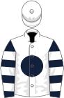 White, dark blue disc, dark blue and white hooped sleeves