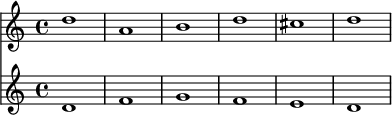 \relative c'' { << \new Staff { \clef "treble" d1 a b d cis d } \new Staff { \clef "treble" d,1 f g f e d } >> }