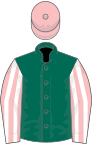 Green, pink and white striped sleeves, pink cap