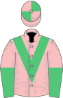 Pink, emerald green chevron, halved sleeves, quartered cap