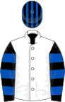 White, black and royal blue hooped sleeves, black and royal blue striped cap