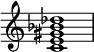  { \override Score.TimeSignature #'stencil = ##f \relative c' { \clef treble \time 4/4 \key c \major <c e gis bes des>1 } } 