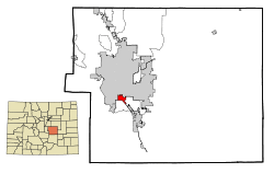 Location of the Stratmoor CDP in El Paso County, Colorado.Colorado
