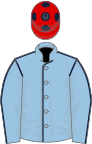 Light blue, dark blue seams, red cap, dark blue spots