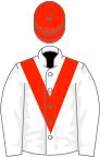 White, scarlet V and cap