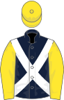 Dark Blue, White cross belts, Yellow sleeves and cap