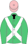 Emerald green, white cross-belts, pink cap