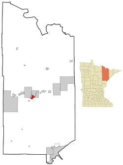 Location of the city of Eveleth within Saint Louis County, Minnesota