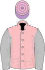 Pink, silver sleeves, mauve and pink hooped cap