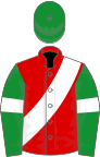 Red, white sash, green sleeves, white armlets, green cap