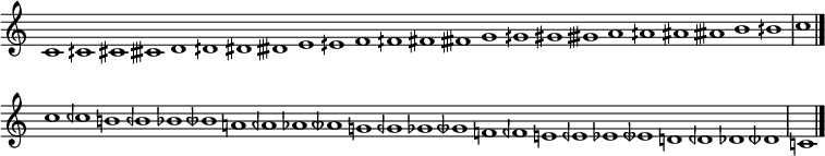 \relative c' { \cadenzaOn \omit Staff.TimeSignature \tempo 1 = 90 \set Score.tempoHideNote = ##t c1 cih cis cisih d dih dis disih e eih f fih fis fisih g gih gis gisih a aih ais aisih b bih \bar "|" c \bar "|." \break c1 ceh b beh bes beseh a aeh aes aeseh g geh ges geseh f feh e eeh ees eeseh d deh des deseh \bar "|" c \bar "|." }