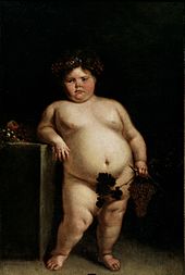 A nude painting of a dark-haired pink-cheeked obese girl leaning against a table: She is holding grapes and grape leaves in her left hand, which cover her genitalia.