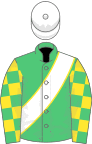 Emerald green, white sash, emerald green and yellow checked sleeves, white cap