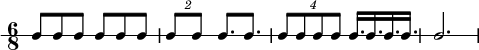  \new RhythmicStaff { \clef percussion \time 6/8 \set Score.tempoHideNote = ##t \tempo 4 = 100 c8 c c c c c \tuplet 2/3 { c8 c } c8. c \tuplet 4/3 { c8 c c c } c16. c c c c2. } 