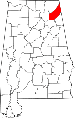 Map of Alabama highlighting DeKalb County