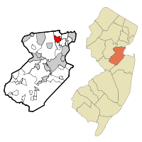 Map of Iselin CDP in Middlesex County. Inset: Location of Middlesex County in New Jersey.