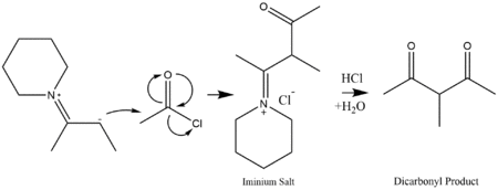 Enamine nucleophile attacks acetyl chloride to form a dicarbonyl species