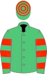 Emerald green, scarlet hooped sleeves and cap