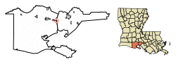 Location of Delcambre in Vermilion and Iberia parishes, Louisiana