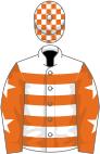 White, orange hoops, orange sleeves, white stars, white and orange check cap