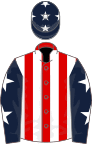 Red and white stipes, dark blue sleeves, white stars, dark blue cap, white stars