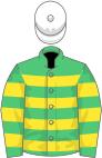 Emerald green, yellow hoops, white cap