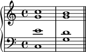  \new PianoStaff << \new Staff << \new Voice \relative c'' { \stemUp \clef treble \key c \major \time 4/4 c1 b } \new Voice \relative c'' { \stemDown g1 g } >> \new Staff << \new Voice \relative c' { \stemUp \clef bass \key c \major \time 4/4 e1 d } \new Voice \relative c { \stemDown c1 g' \bar "||" } >> >> 