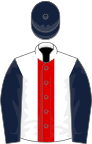 White, red stripe, dark blue sleeves and cap
