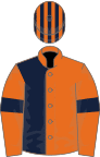 Orange and dark blue (halved), orange sleeves, blue armlets, striped cap