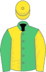 Emerald green and yellow (halved), reversed sleeves, yellow cap