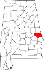 Map of Alabama highlighting Lee County